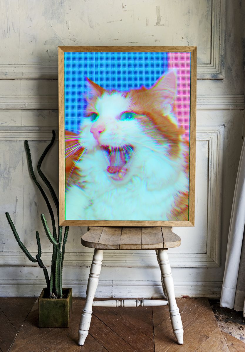 Yawning Cat Glitch Portrait Poster. — room view 1