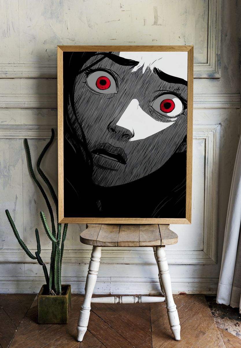 Red-Eyed Manga Portrait Print. room preview