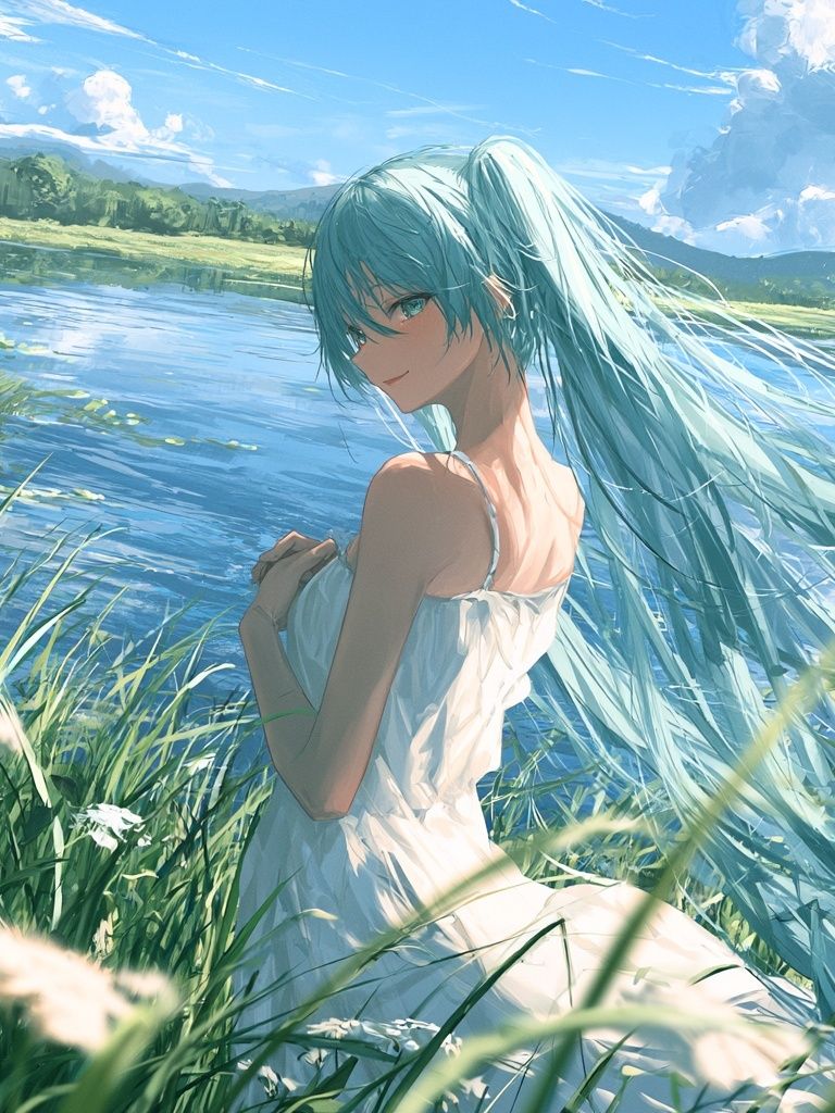 Blue-Haired Girl by the Lake Illustration Poster. poster detail