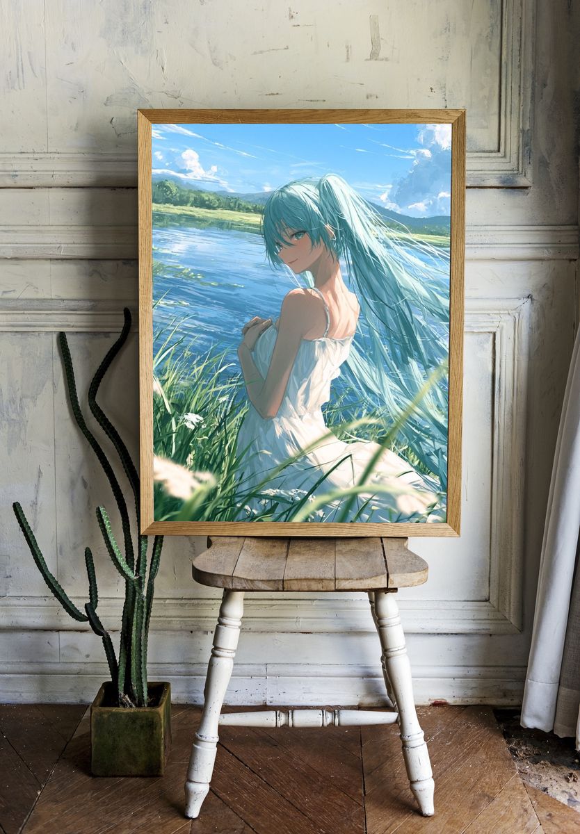 Blue-Haired Girl by the Lake Illustration Poster. — room view 1