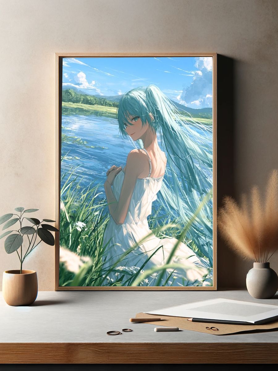 Blue-Haired Girl by the Lake Illustration Poster. — room view 2