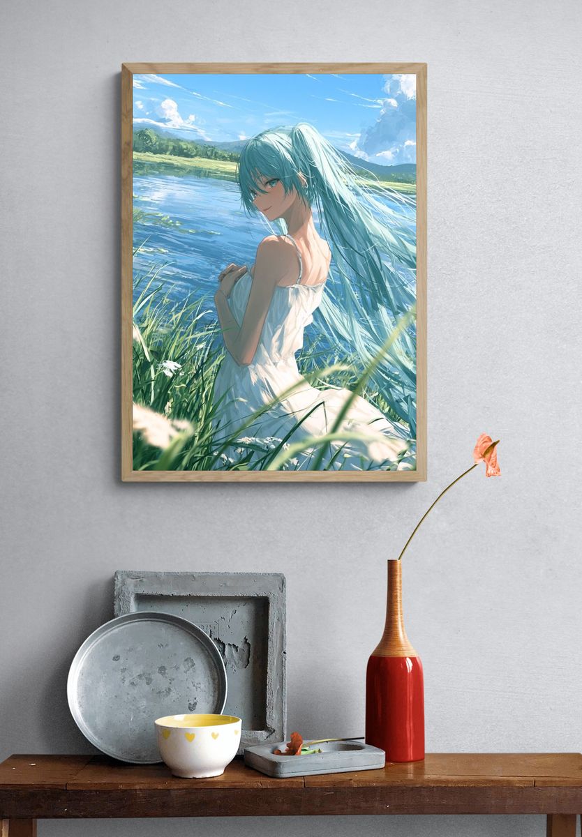 Blue-Haired Girl by the Lake Illustration Poster. — room view 3