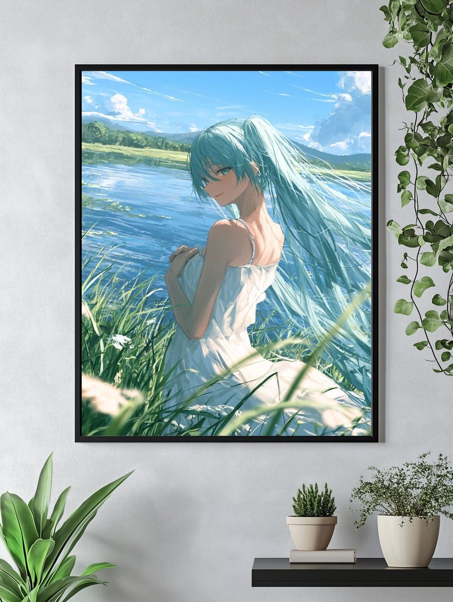 Blue-Haired Girl by the Lake Illustration Poster. — room view 4