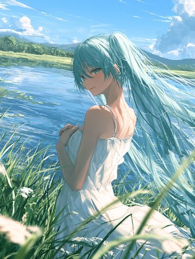 Blue-Haired Girl by the Lake Illustration Poster.