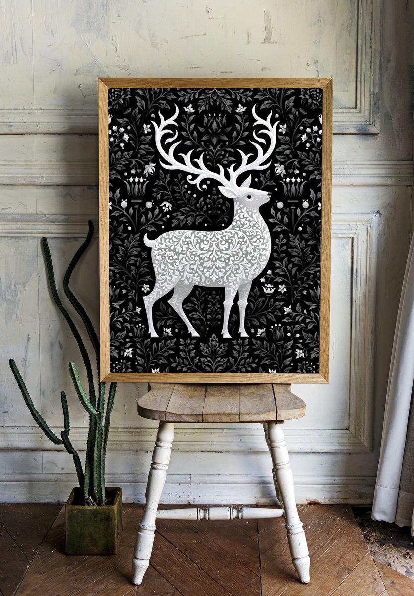 Ornate Deer Botanical Print. — room view 1