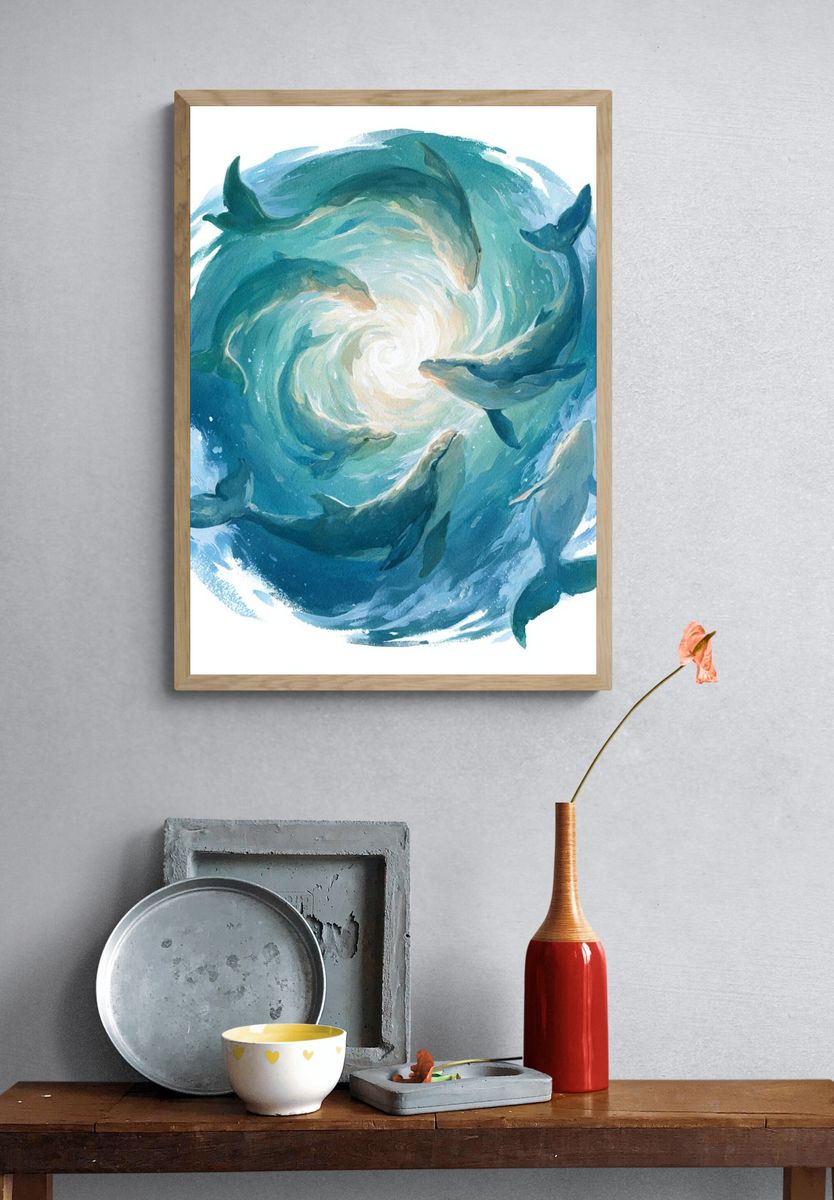 Dolphin Spiral Watercolor Poster. — room view 3