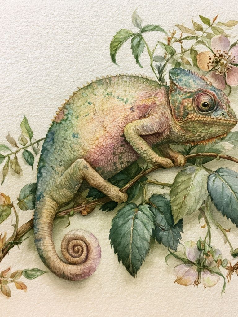 Chameleon Botanical Watercolor Poster. poster detail