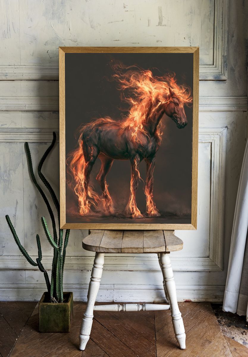 Flaming Horse Digital Art Poster. — room view 1