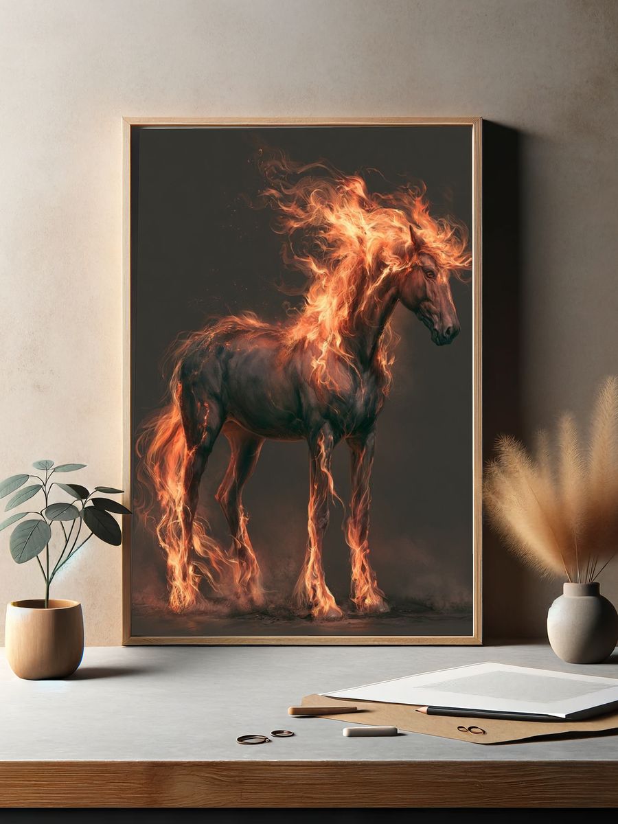 Flaming Horse Digital Art Poster. — room view 2