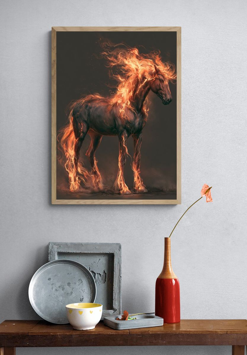 Flaming Horse Digital Art Poster. — room view 3