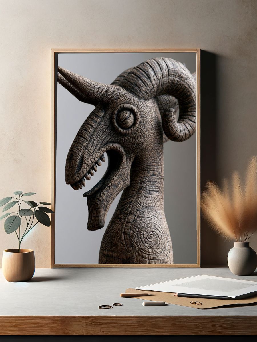 Carved Bull Head Sculpture Print. — room view 2