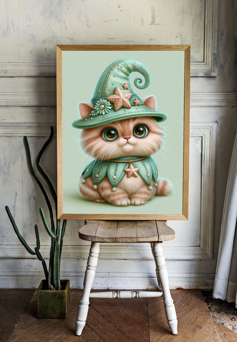 Whimsical Cat in Mint Hat Poster. — room view 1