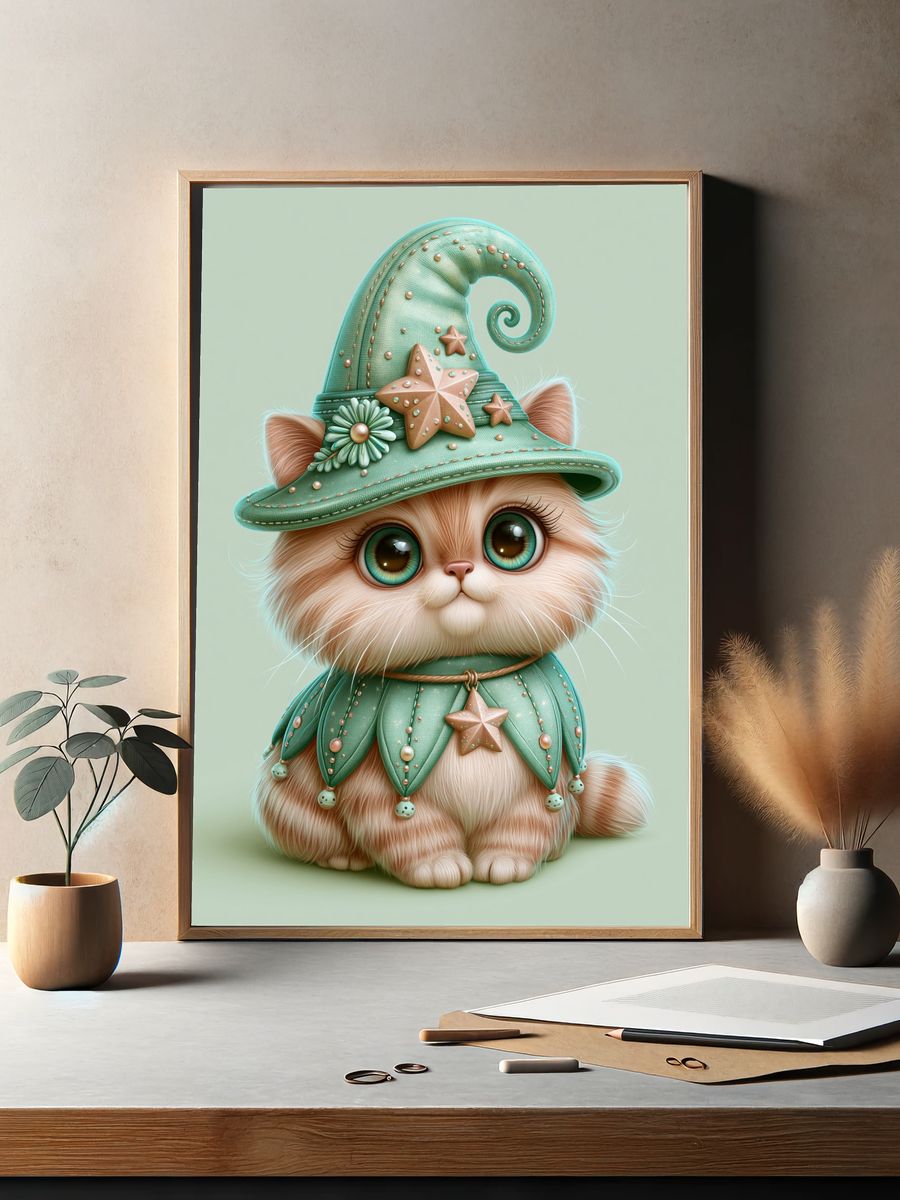 Whimsical Cat in Mint Hat Poster. — room view 2