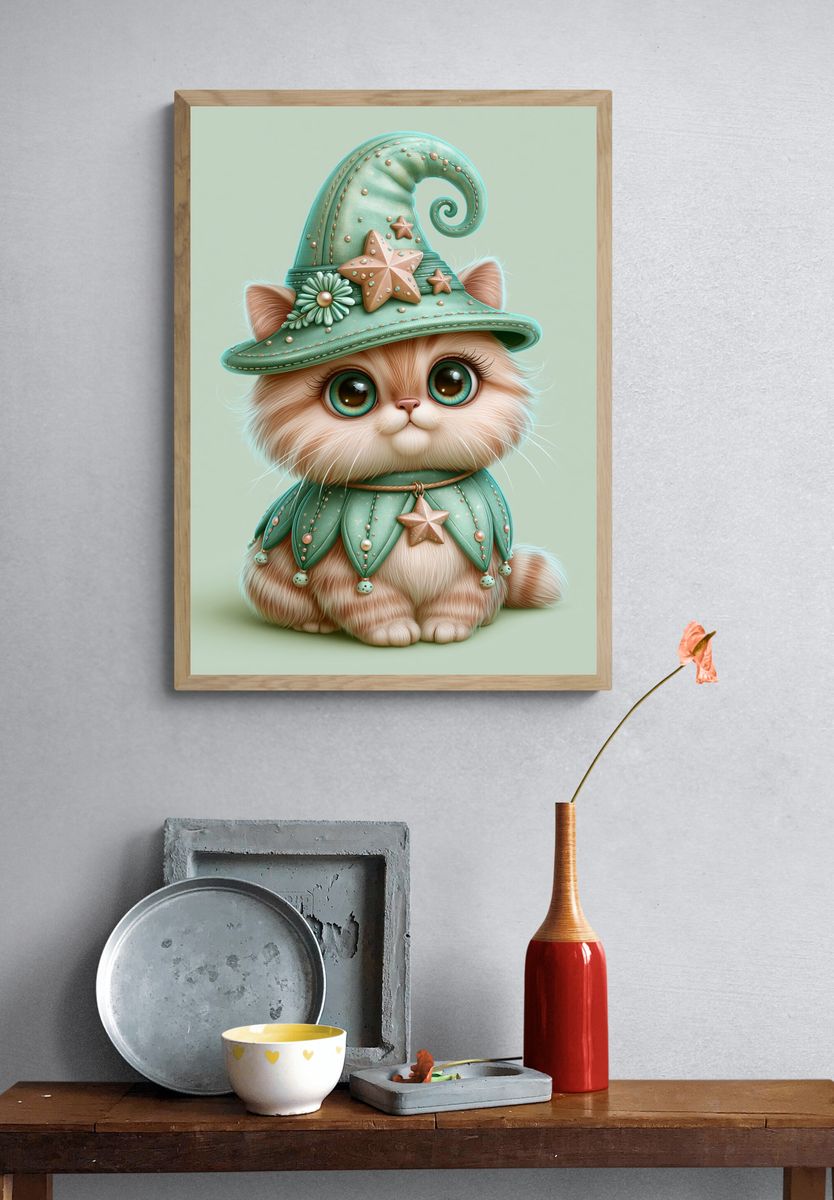 Whimsical Cat in Mint Hat Poster. — room view 3