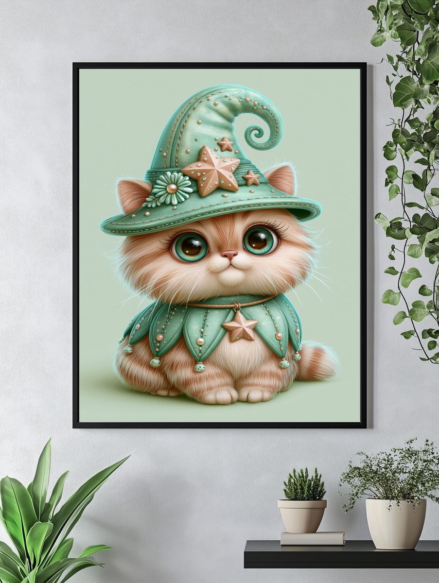 Whimsical Cat in Mint Hat Poster. — room view 4