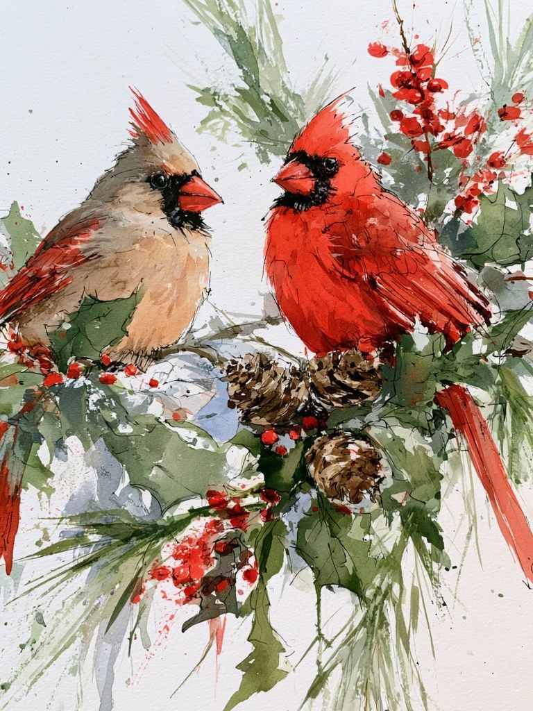 Cardinals Winter Watercolor Poster. poster — animals art