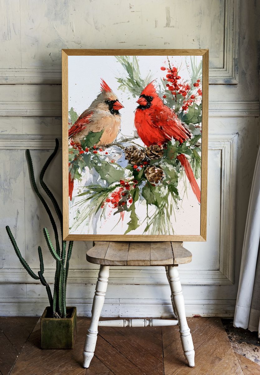 Cardinals Winter Watercolor Poster. — room view 1