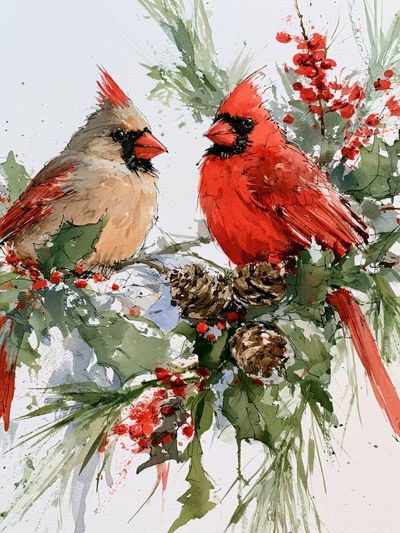 Cardinals Winter Watercolor Poster. poster
