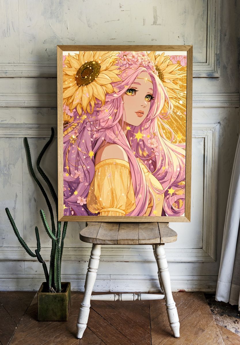 Sunflower Anime Girl Print. room preview