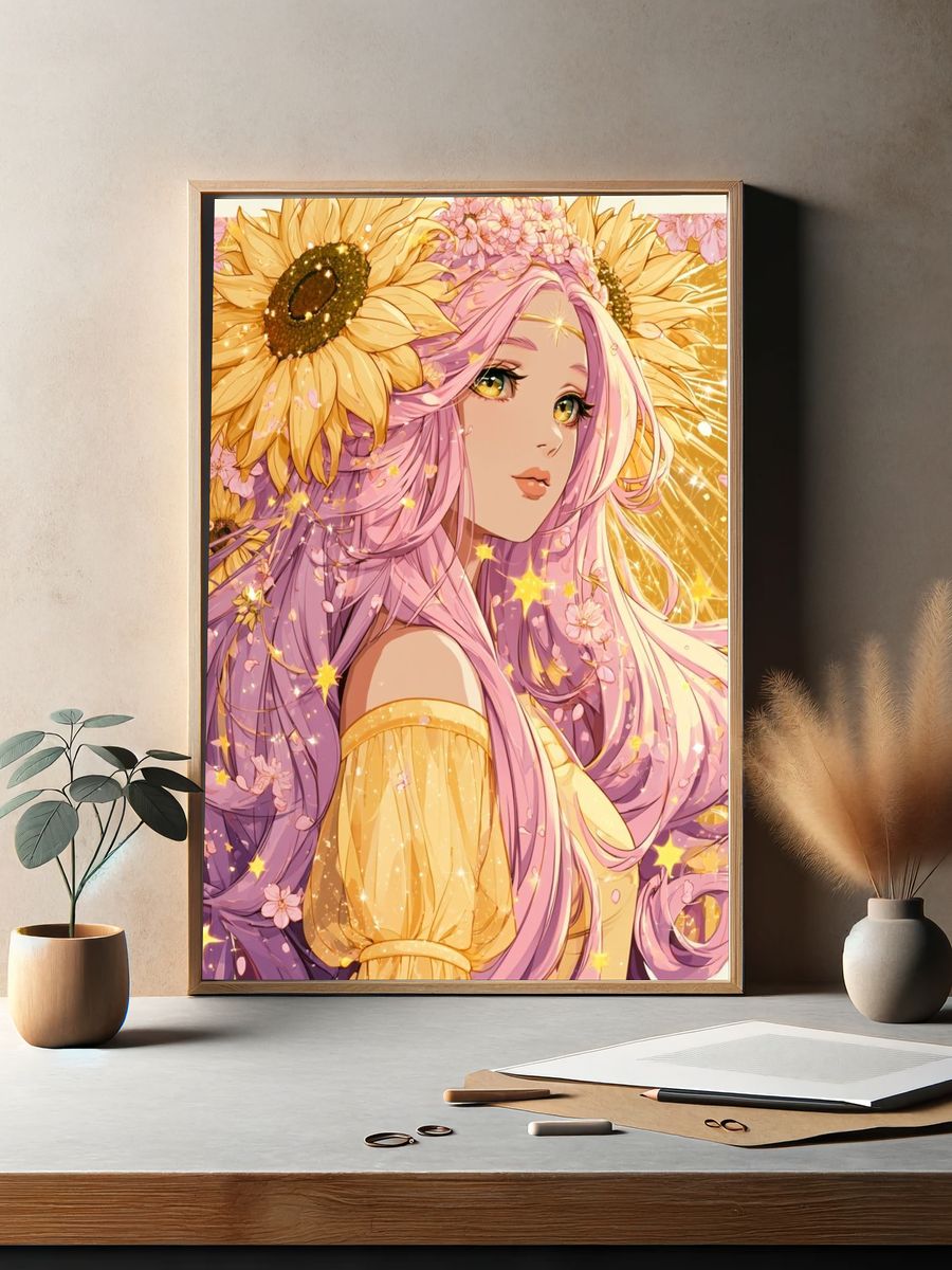Sunflower Anime Girl Print. — room view 2