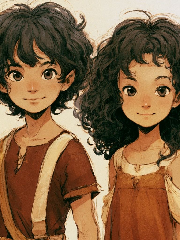 Curly-Haired Siblings Anime Print. poster — anime art