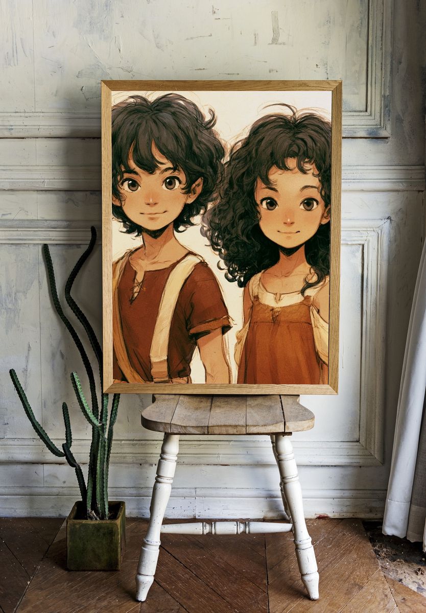 Curly-Haired Siblings Anime Print. room preview
