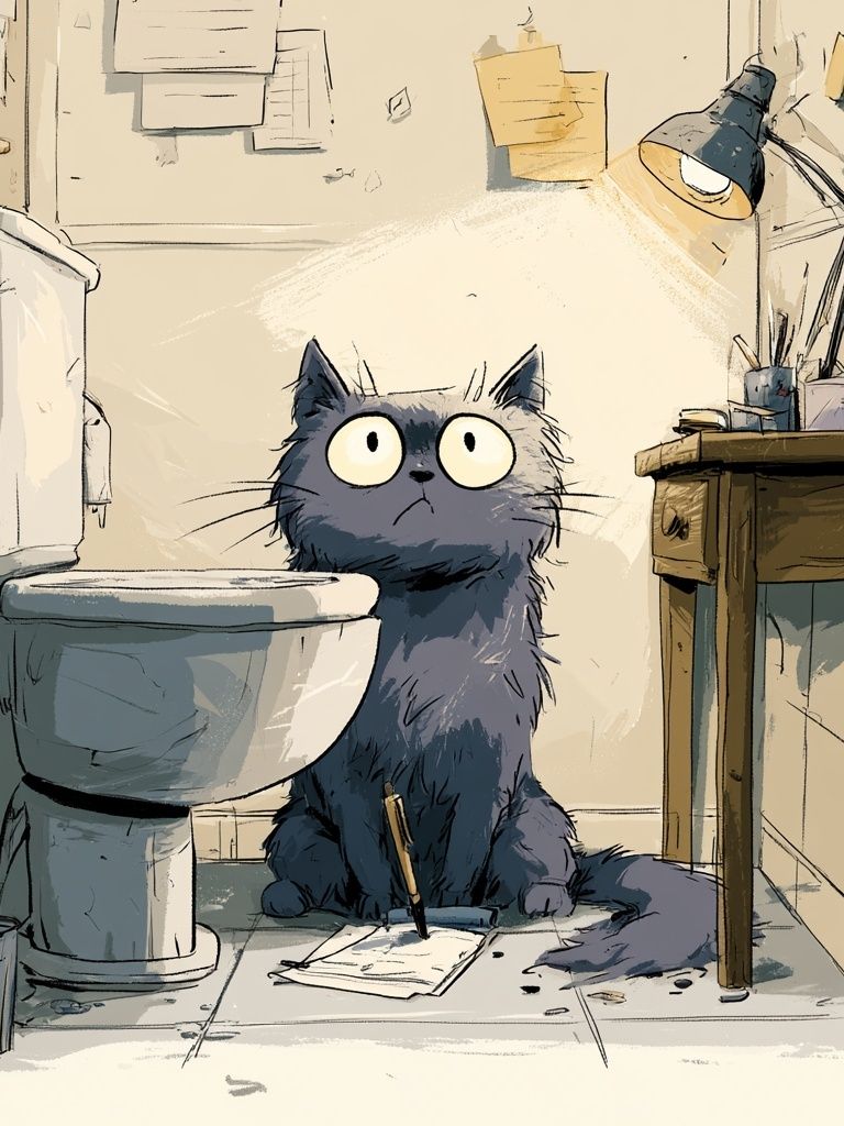 Cat in Bathroom Illustration Poster. poster — animals art