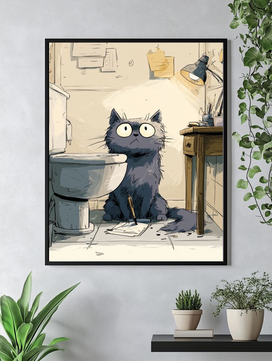 Cat in Bathroom Illustration Poster. — room view 4