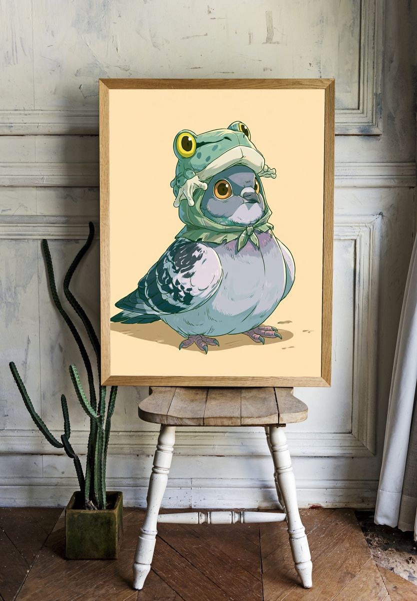 Frog Hat Pigeon Illustration Poster. — room view 1