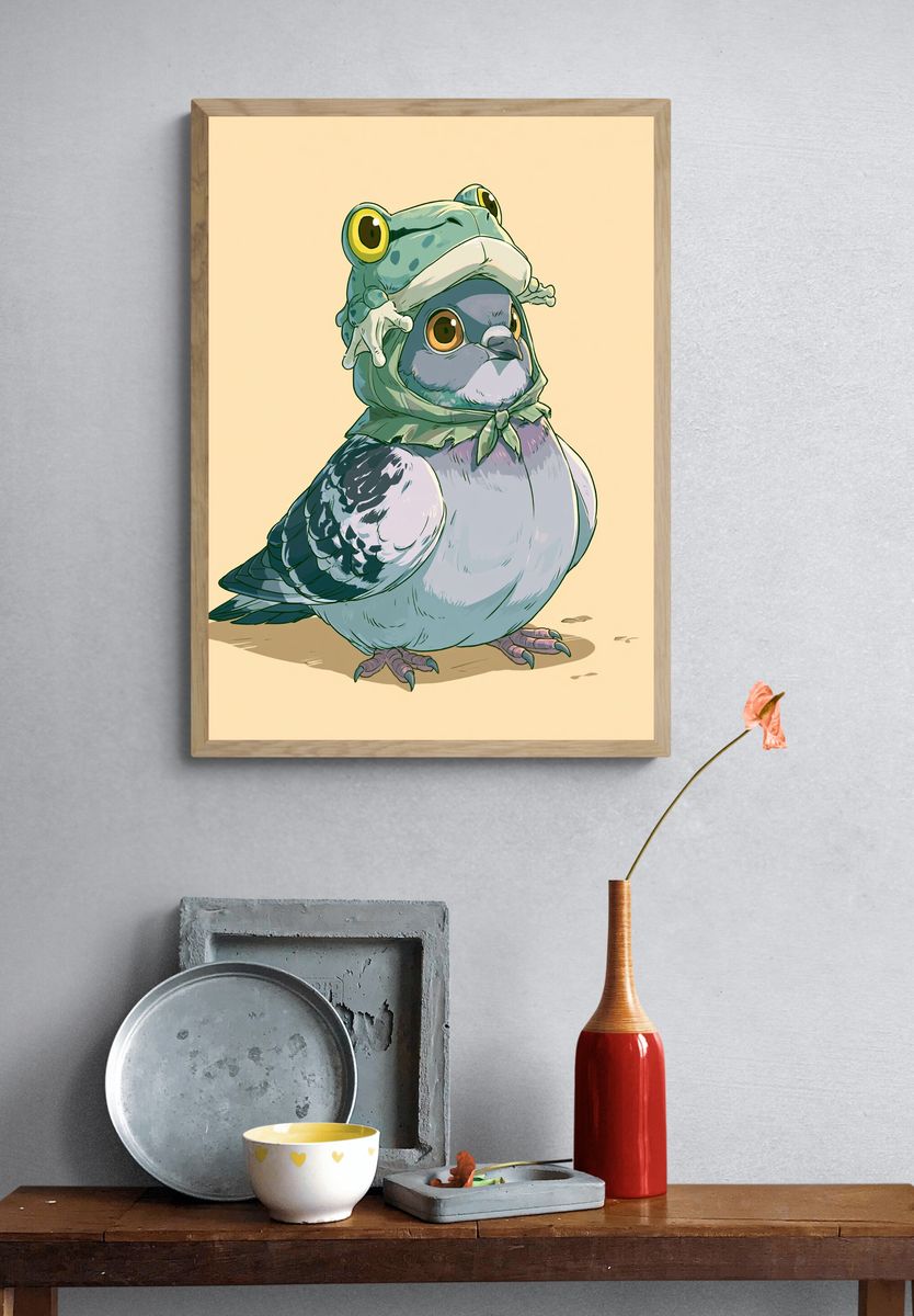 Frog Hat Pigeon Illustration Poster. — room view 3