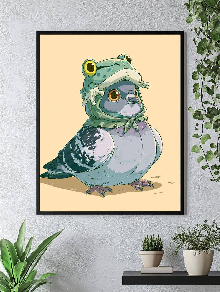 Frog Hat Pigeon Illustration Poster. — room view 4
