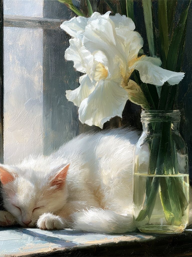 Sleeping White Cat Botanical Print. poster — animals art