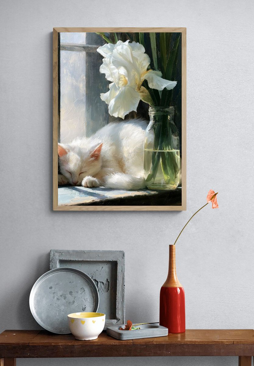 Sleeping White Cat Botanical Print. — room view 3