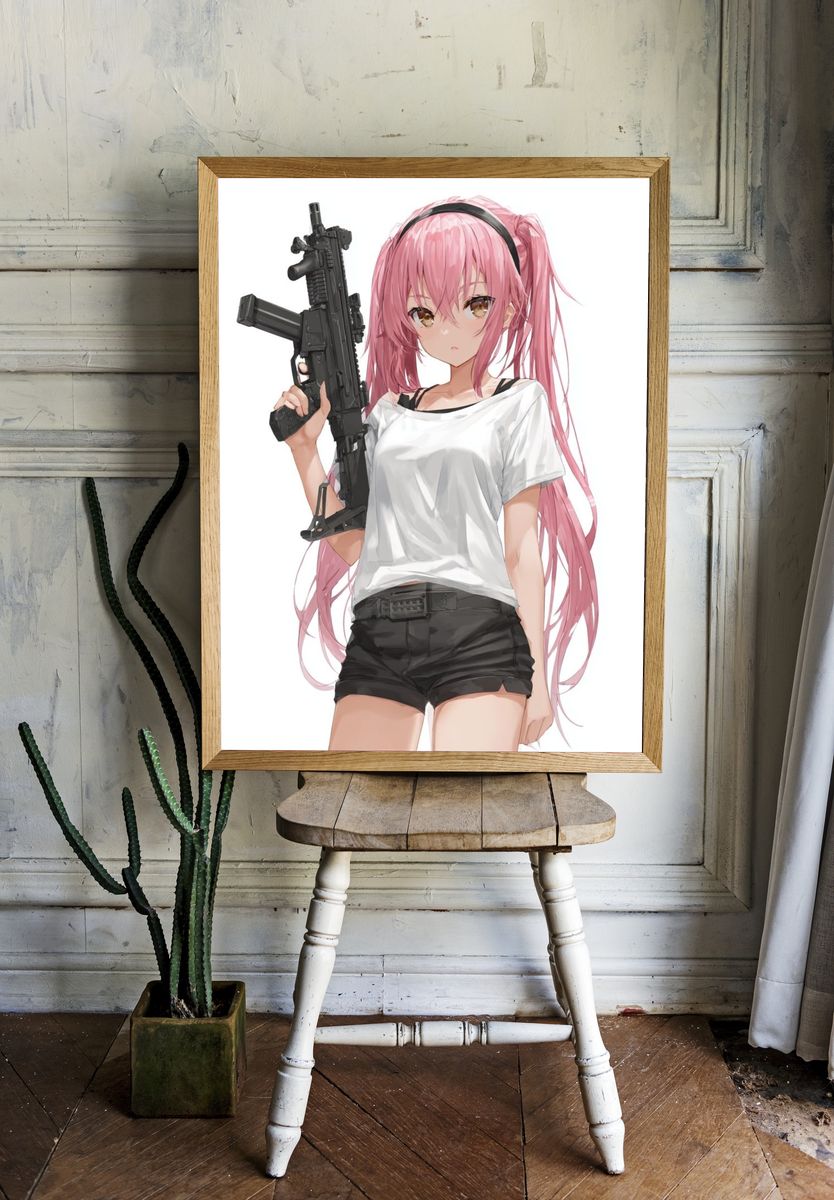 Pink-Haired Anime Girl with Rifle Poster. — room view 1