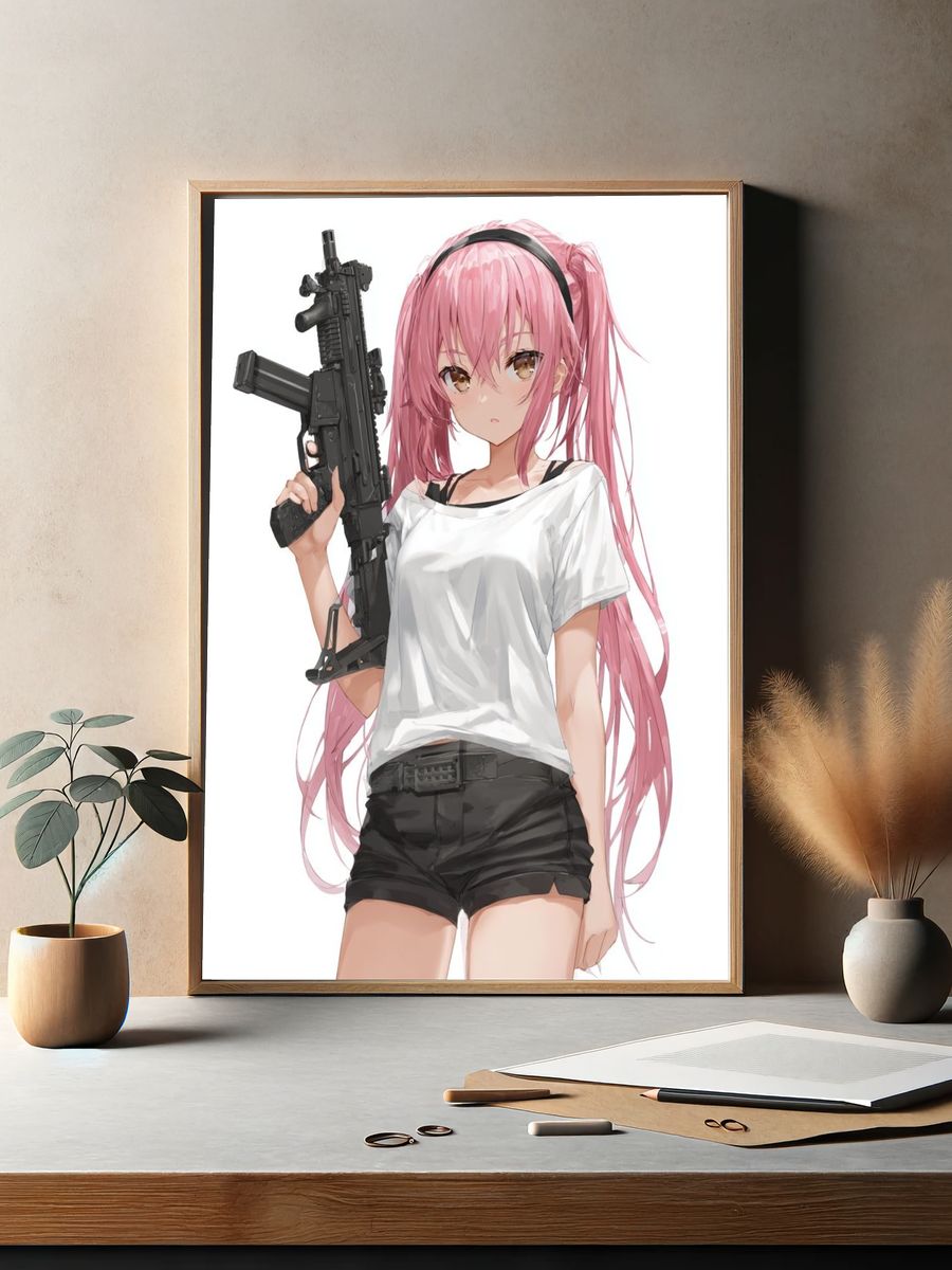 Pink-Haired Anime Girl with Rifle Poster. — room view 2