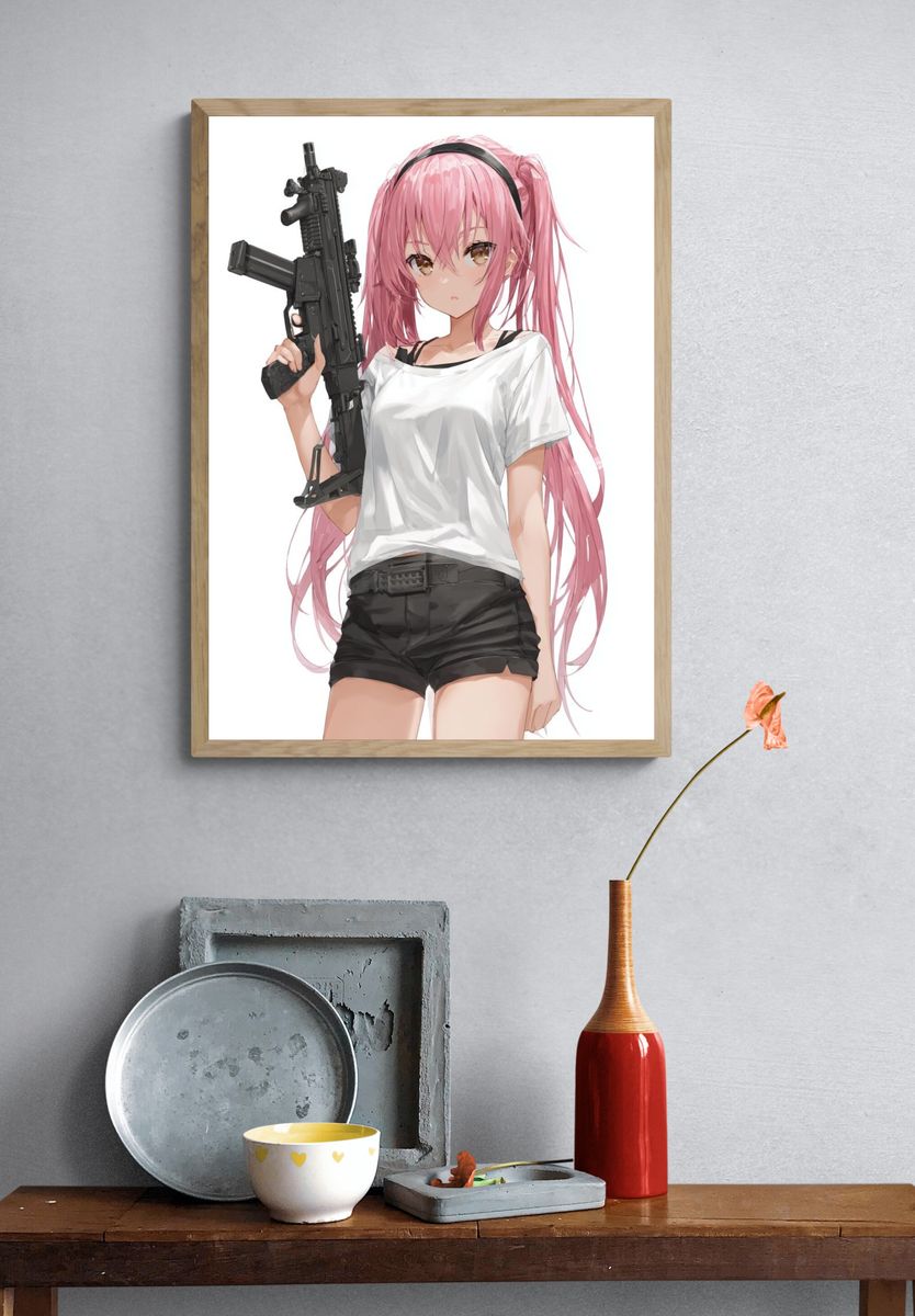 Pink-Haired Anime Girl with Rifle Poster. — room view 3