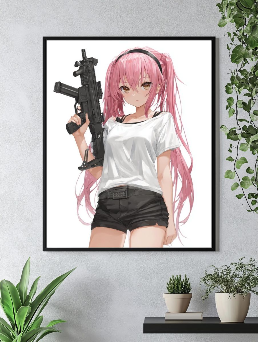 Pink-Haired Anime Girl with Rifle Poster. — room view 4