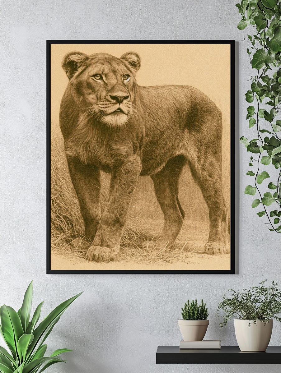 Lioness Sepia Wildlife Poster. — room view 4
