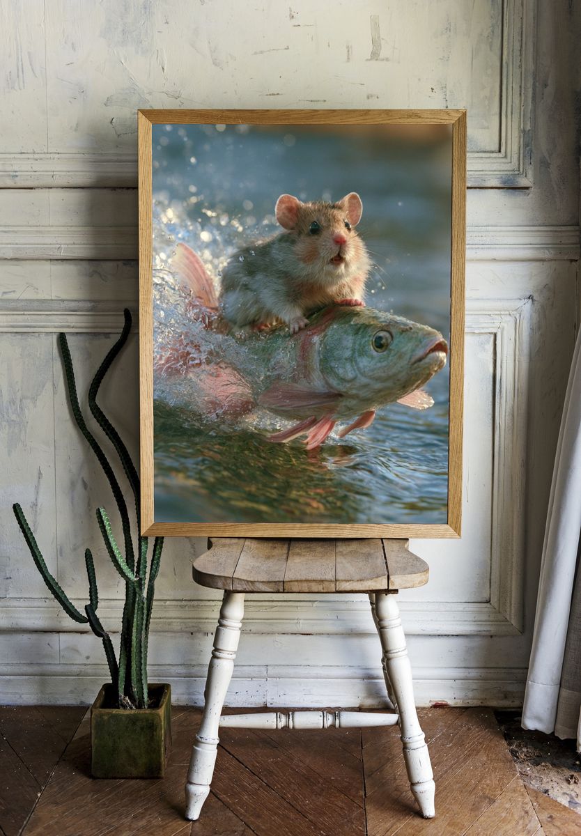 Mouse Riding Fish Photography Poster. — room view 1