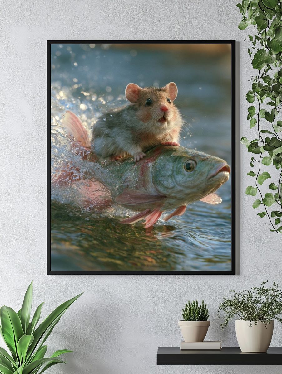 Mouse Riding Fish Photography Poster. — room view 4