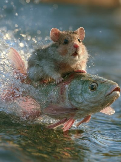 Mouse Riding Fish Photography Poster.