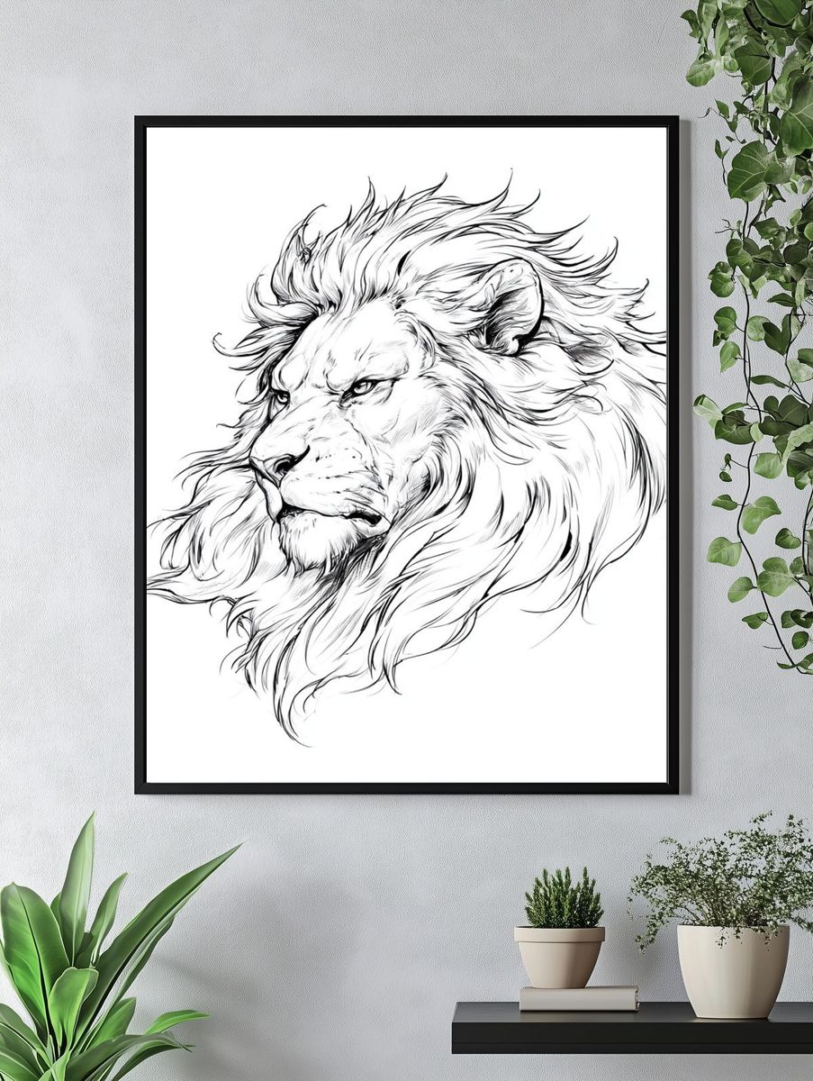 Lion Head Line Art Poster. — room view 4