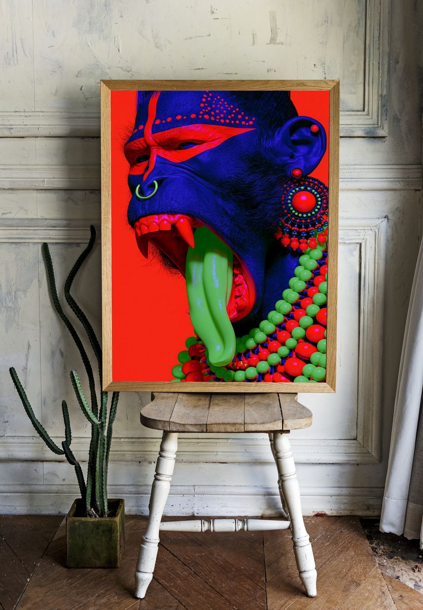 Neon Tribal Gorilla Portrait Print. room preview