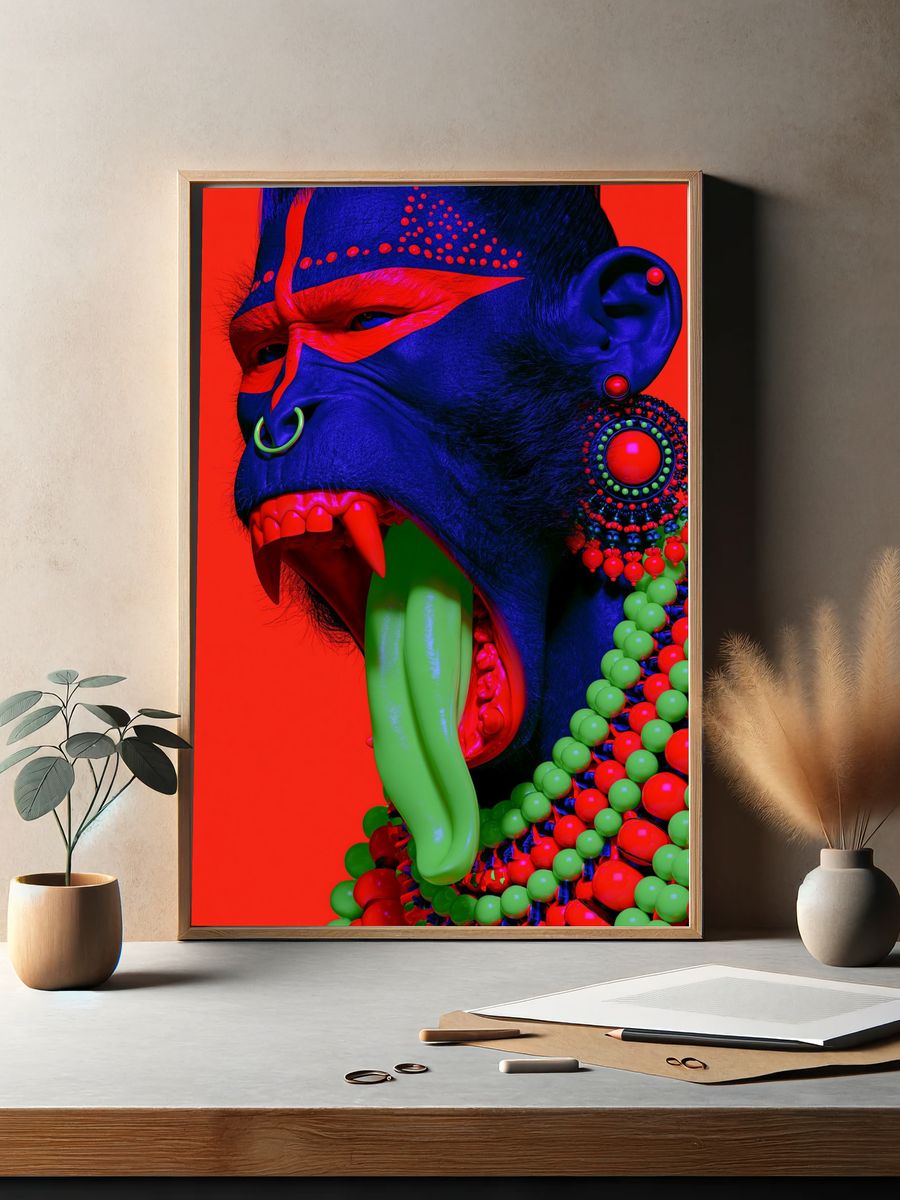 Neon Tribal Gorilla Portrait Print. — room view 2