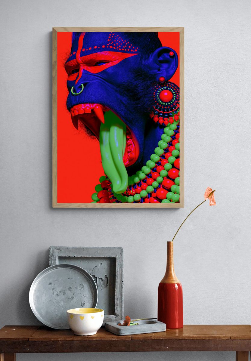 Neon Tribal Gorilla Portrait Print. — room view 3