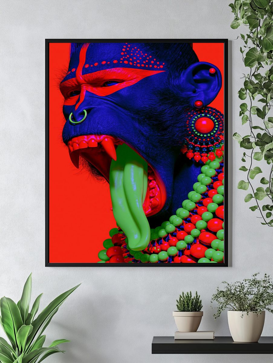 Neon Tribal Gorilla Portrait Print. — room view 4