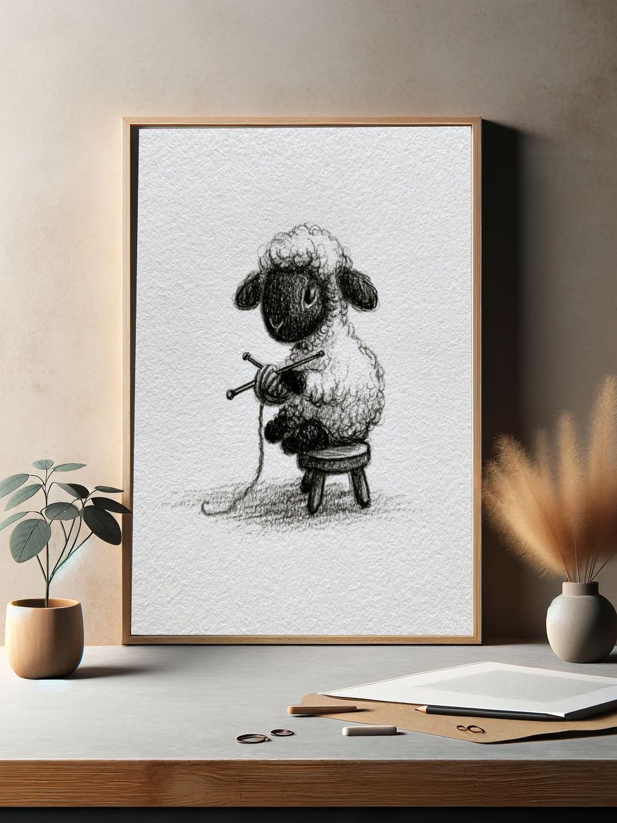 Sheep Knitting Sketch Poster. — room view 2