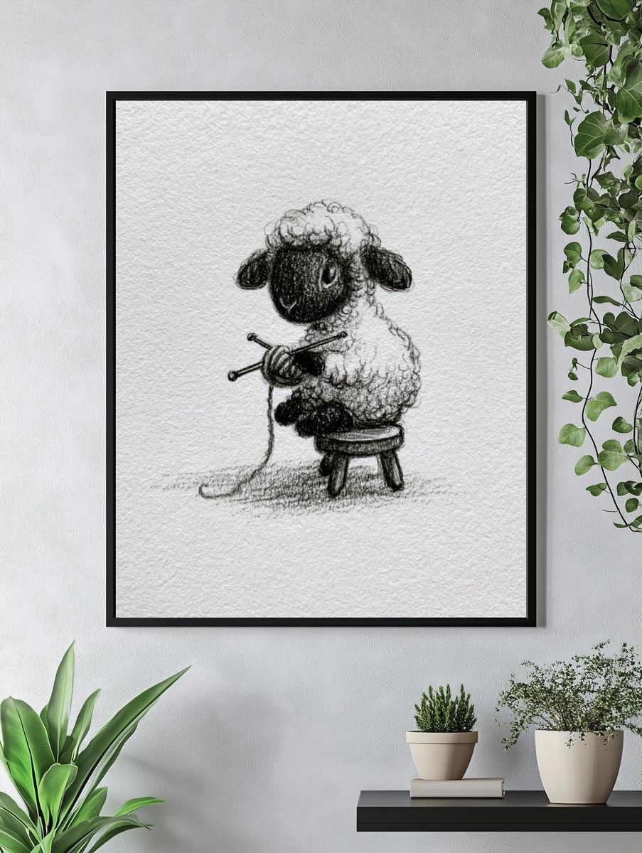 Sheep Knitting Sketch Poster. — room view 4