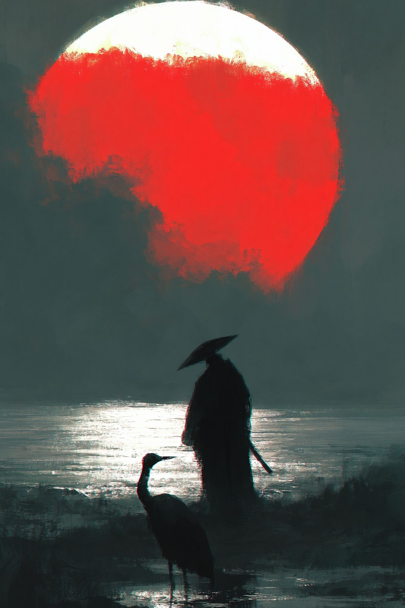 Crimson Moon Heron Poster. poster detail