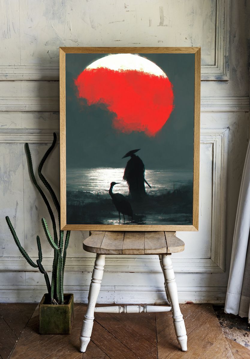 Crimson Moon Heron Poster. — room view 1